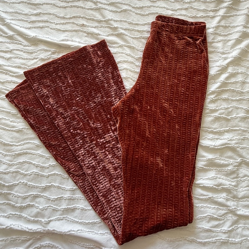 Topshop Rust Velvet Textured Flare Pants - Picture 1 of 5